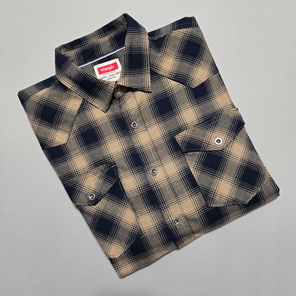 Wrangler Western Shirt Mens Large Blue Tan Plaid Button Up Cotton
